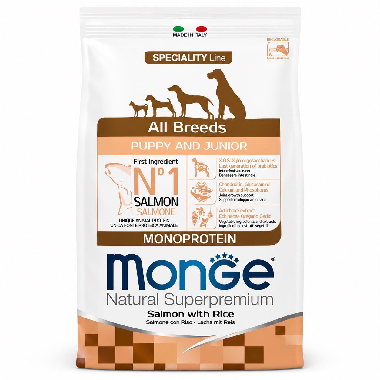 alimento monge para cachorro o junior de salmón