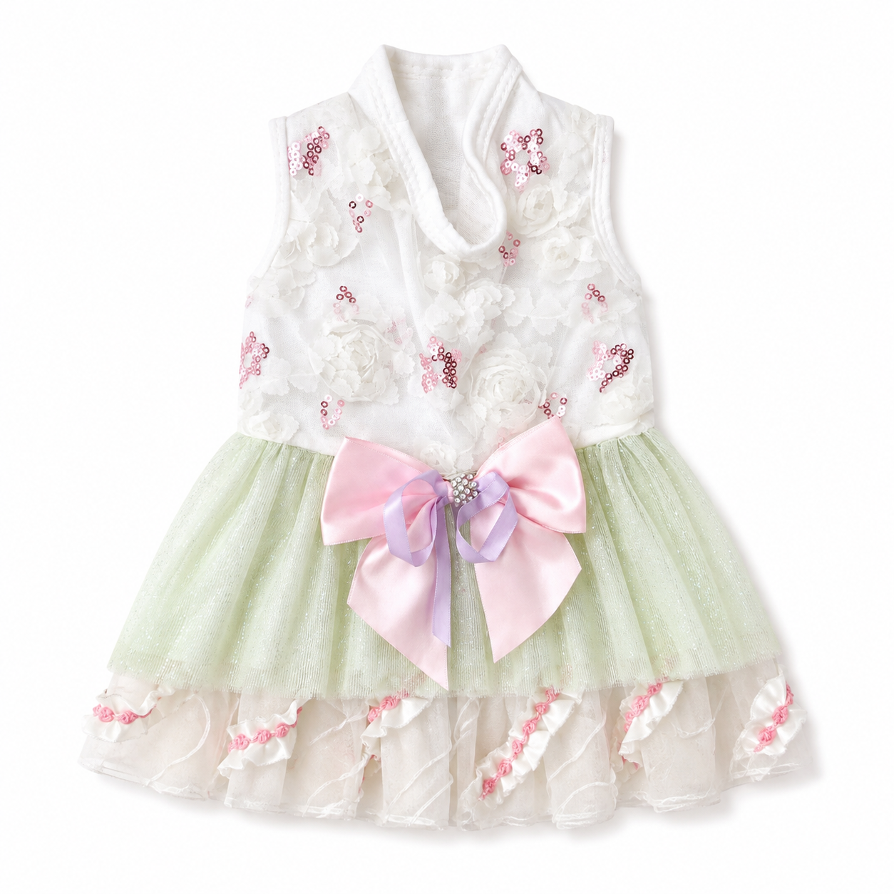 vestido color verde y blanco con lentejuelas