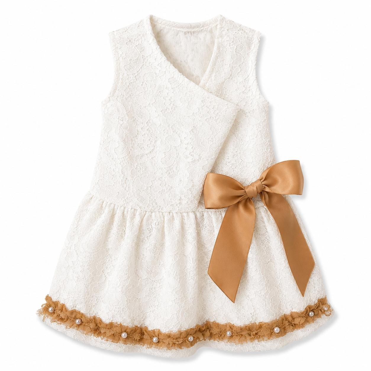 vestido de tela tipo blonda blanco invierno con detalles de cinta dorada talla M