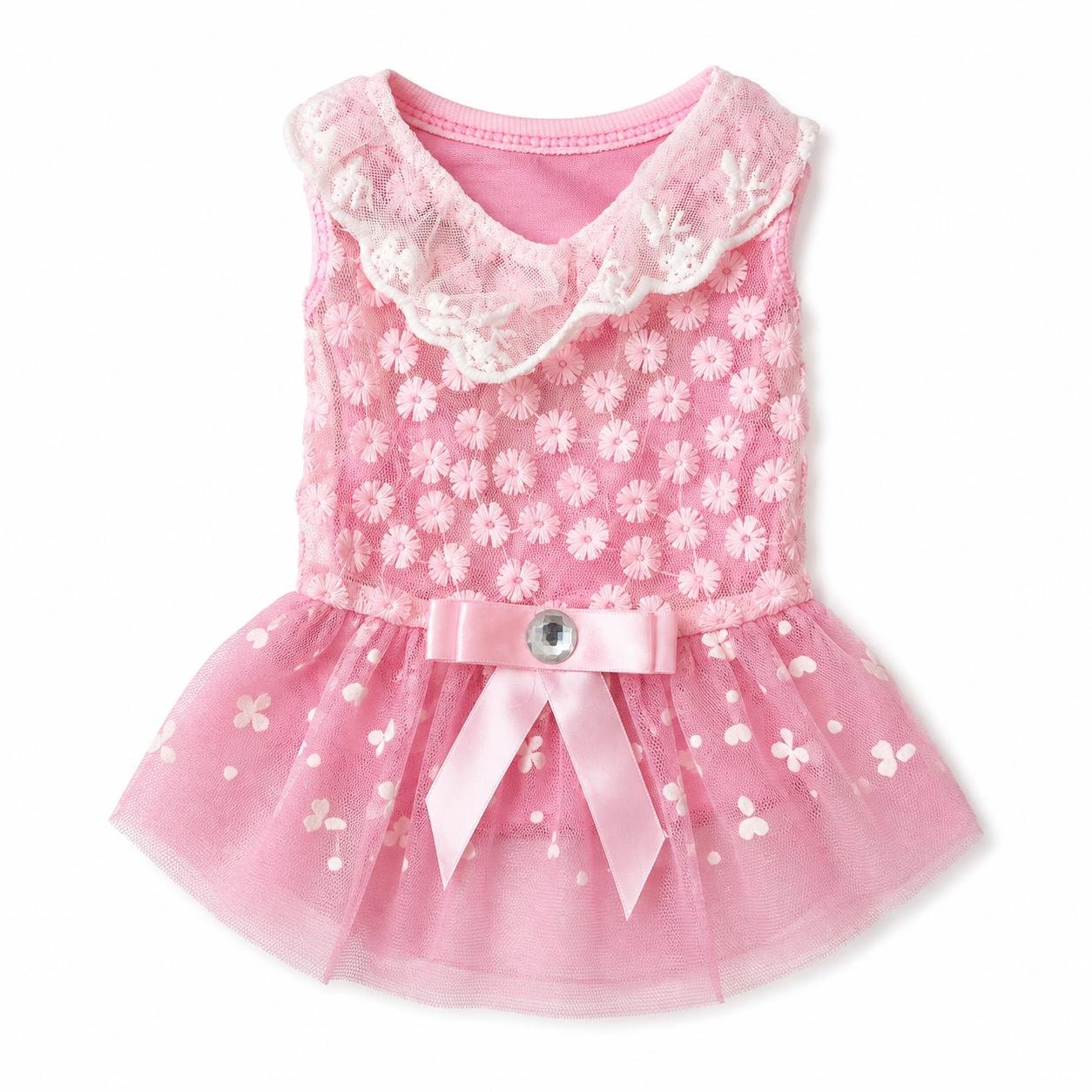 Vestido rosado tela delgada con detalles de flores tejidas talla M