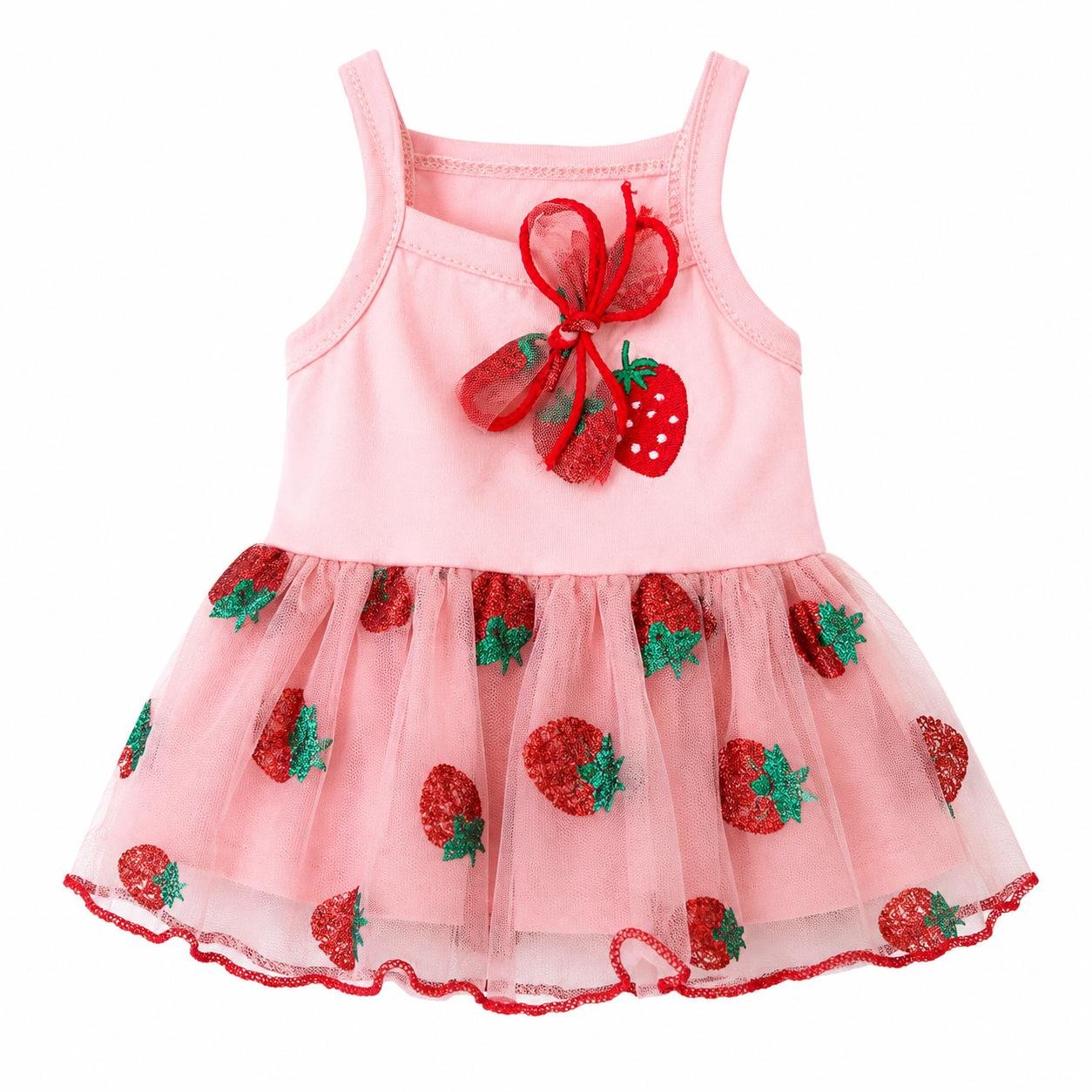 vestido rosado con adorno de frutilla con brillo  talla XS